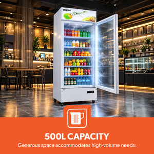 Geepas 500 Liters Showcase Chiller- GSC5004RN/ with LED Digital Temperature Controller, Fan Cooling, Equipped with Shelves and Wheels