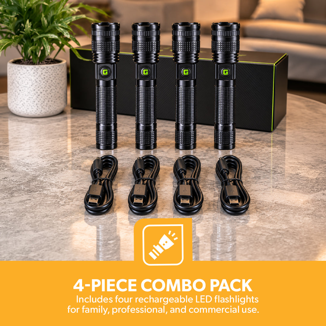 Geepas GFL4639 20W Zoomable LED Flashlight 4PCS Combo | Rechargeable Torch |Up to 2000-Meter Beam Distance | 6000mAh Rechargeable Li-ion Battery | USB Type-C Charging