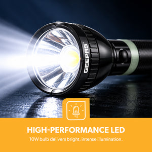 Geepas GFL3869 Rechargeable LED Flashlight | 10W High Power LED | 6000mAh Li-Ion Battery | Aircraft-grade aluminium body | Bright & focused illumination | Durable Design