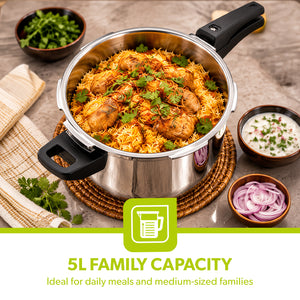 Royalford RF10185N 5L Stainless Steel Pressure Cooker |  Induction Compatible Base | Durable Heavy Body | Improved Safety Pressure Regulator &  5 Years Warranty
