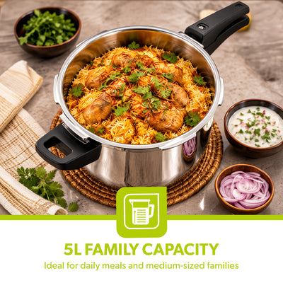 Royalford RF10185N 5L Stainless Steel Pressure Cooker |  Induction Compatible Base | Durable Heavy Body | Improved Safety Pressure Regulator &  5 Years Warranty