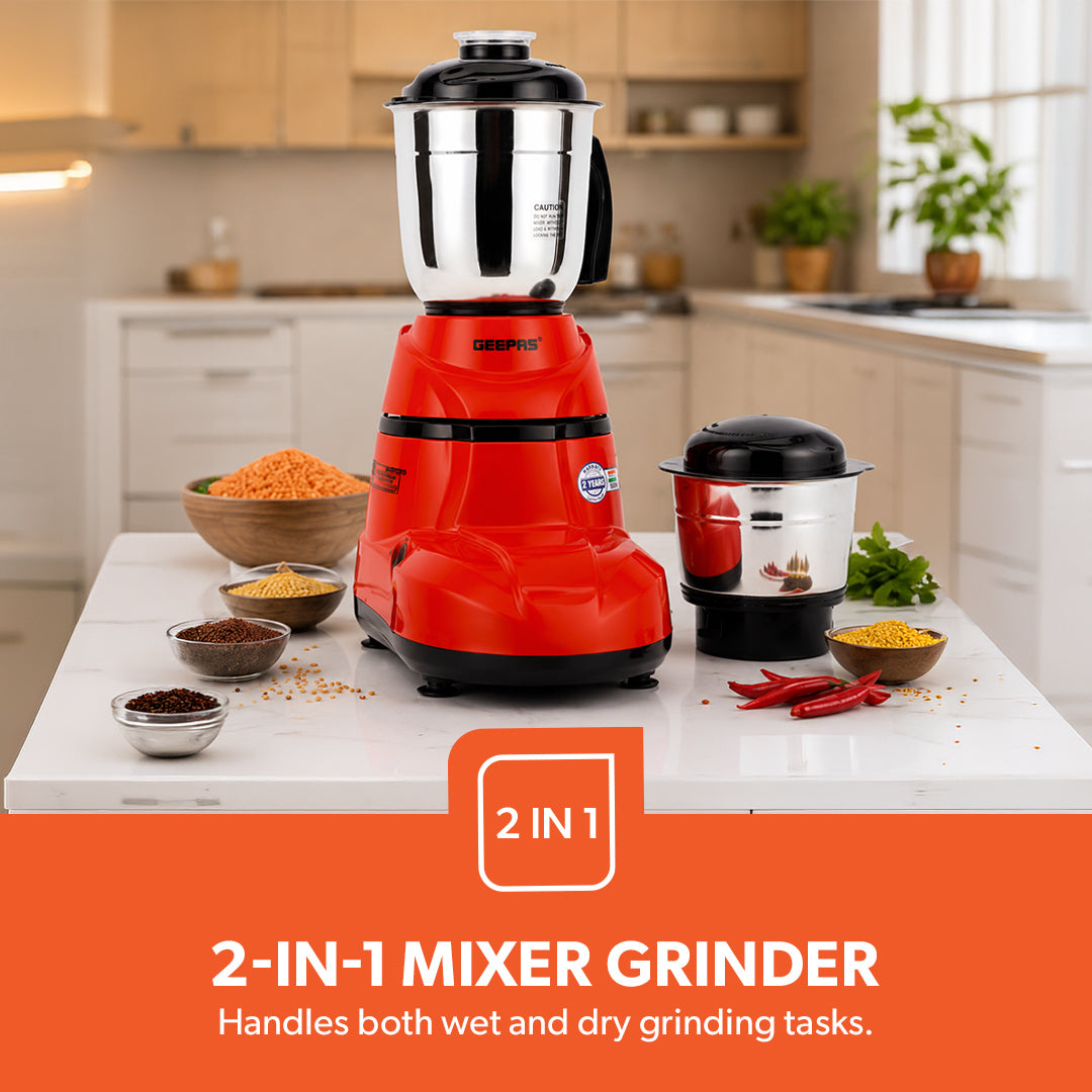 Geepas GSB5456 2-in-1 Mixer Grinder | 550W Motor | Stainless Steel Jars | 3 Speed Control | Harmonic grinding technology |Modern, compact design  robust ergonomic handles