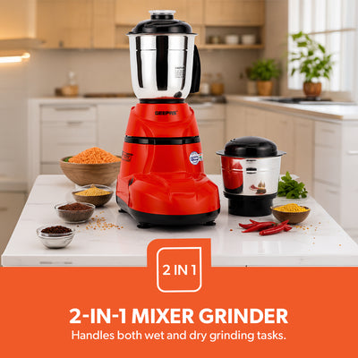 Geepas GSB5456 2-in-1 Mixer Grinder | 550W Motor | Stainless Steel Jars | 3 Speed Control | Harmonic grinding technology |Modern, compact design  robust ergonomic handles