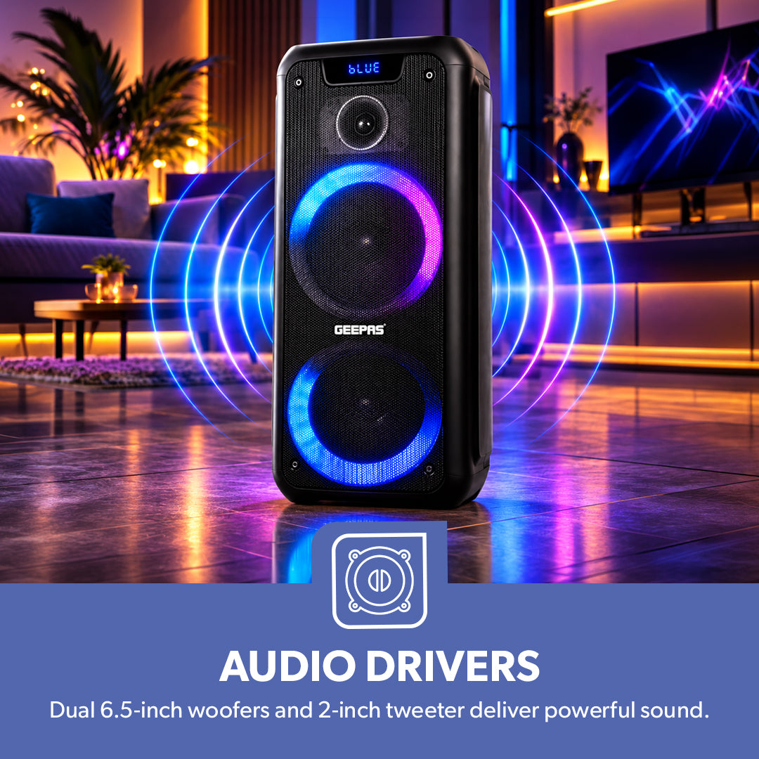 Geepas GMS11168 Rechargeable Professional Speaker | 40000W PMPO Bluetooth TWS | Bluetooth wireless music streaming | Multi-mode LED disco lighting effects | LED display