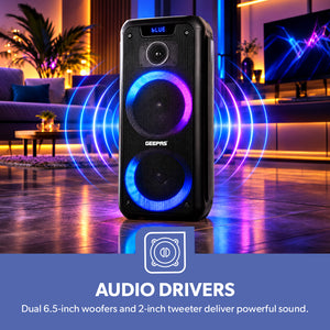 Geepas GMS11168 Rechargeable Professional Speaker | 40000W PMPO Bluetooth TWS | Bluetooth wireless music streaming | Multi-mode LED disco lighting effects | LED display