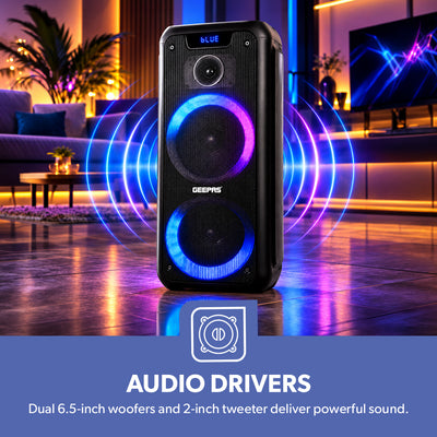 Geepas GMS11168 Rechargeable Professional Speaker | 40000W PMPO Bluetooth TWS | Bluetooth wireless music streaming | Multi-mode LED disco lighting effects | LED display