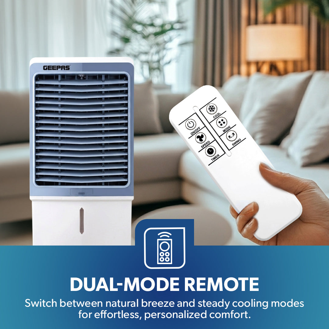 Geepas GAC16021 Digital Air Cooler | 60L Tank |200W Powerful Motor | Remote Control with Dual Modes | 3 Speed Settings with Timer | Portable Cooler with Ice Box & Wheels