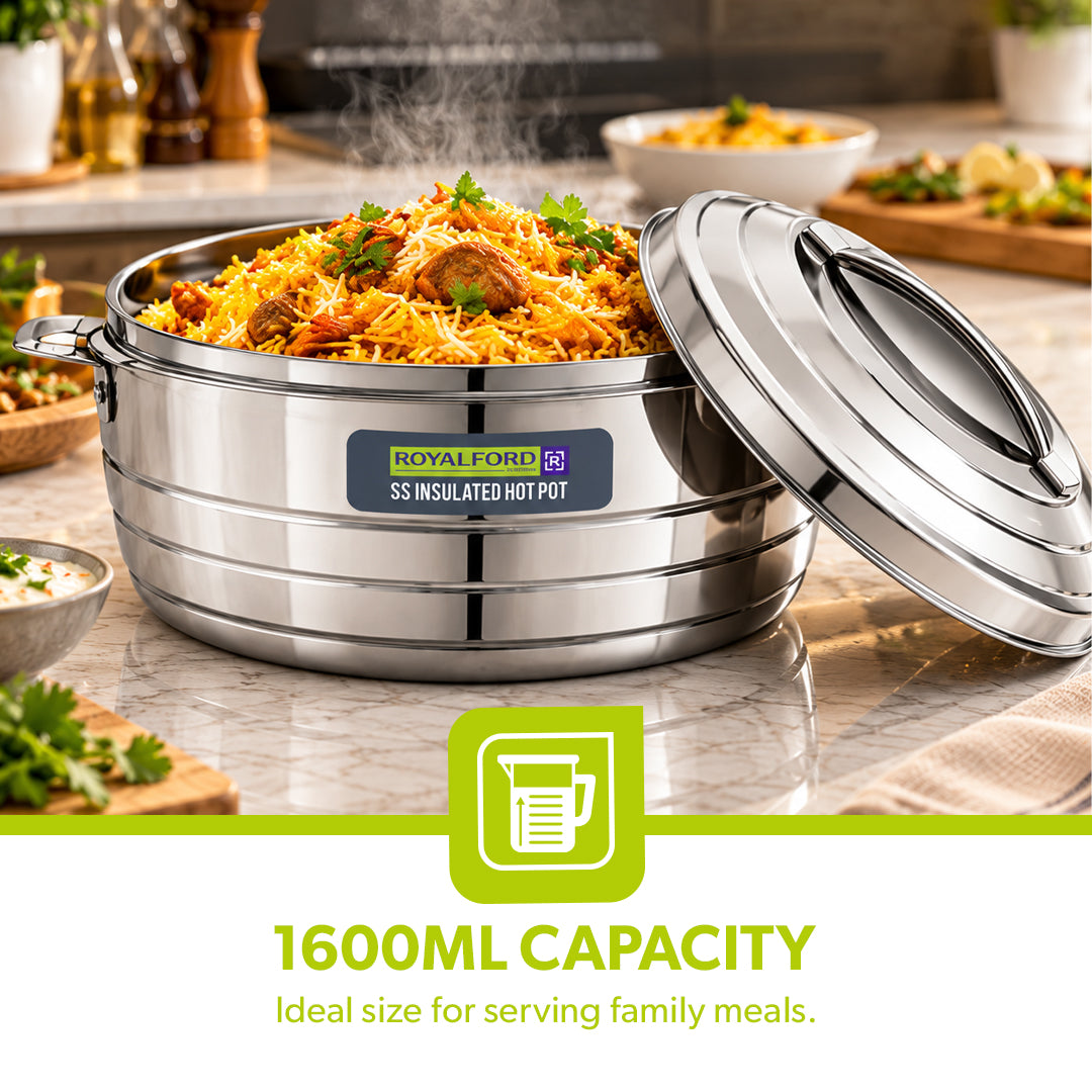 Royalford RF12856 Insulated Hot Pot 1600ml | Double Wall Stainless Steel Casserole | Twist Lock Lid| PU Insulation| Durable Outer Body| Food Warmer for Home & Travel Use