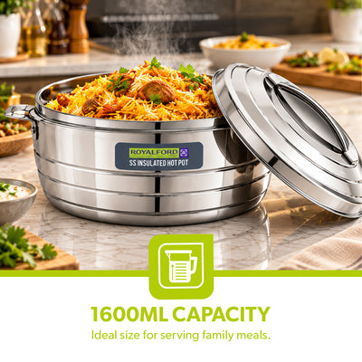 Royalford RF12856 Insulated Hot Pot 1600ml | Double Wall Stainless Steel Casserole | Twist Lock Lid| PU Insulation| Durable Outer Body| Food Warmer for Home & Travel Use