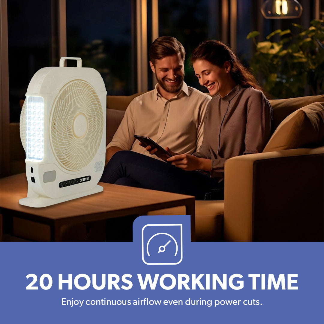 Geepas GF21190 12” Rechargeable Fan with Remote Control | 20 Hours Battery Backup| LED Light| USB Charging | Adjustable Speed| Energy Efficient Design| 2 Years Warranty
