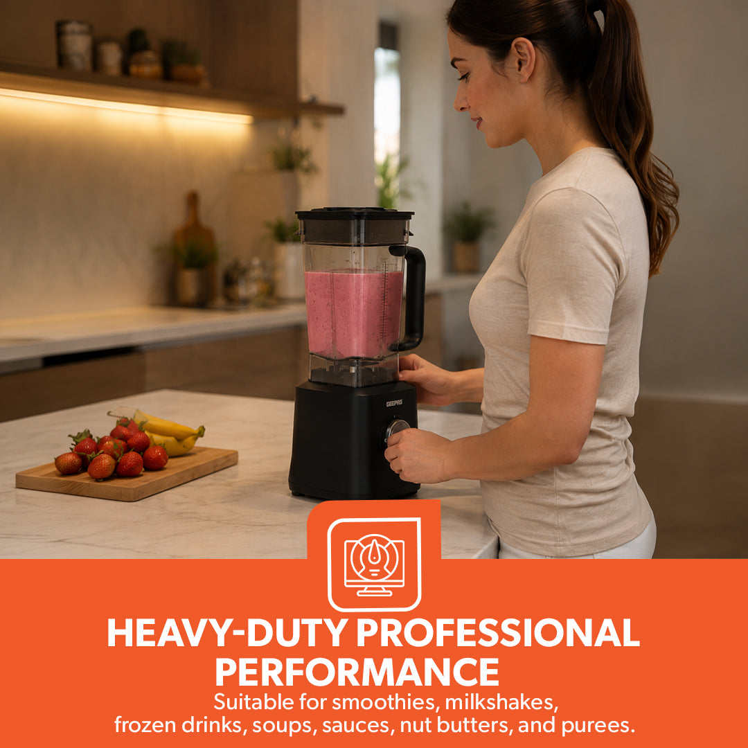 Geepas GSB44078 2000W Professional Blender |2L High-Speed Blender with 5 Speeds | 6-Wing Stainless Steel Blades | Clear Measuring Jar | Overheat Protection |Easy to Clean