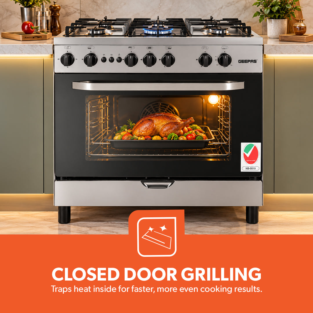 Geepas 90x60 Freestanding Full Gas Cooking Range- GCR9060FSE/ 5 Burners /Self Ignition/ Closed Door Grilling System/ Timer/  Multiple Power Levels / 1 Year Warranty