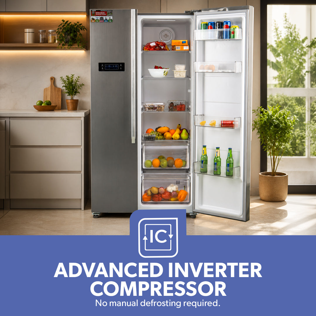 Geepas GRFS6521SXHN Side by Side Refrigerator|650L No Frost Inverter Fridge |Digital temperature control display |tempered glass shelves |Twist ice maker |1-Year Warranty