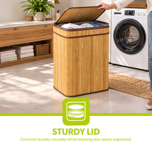 Royalford RF8851 Foldable Bamboo Laundry Hamper Square with Lid  | Eco-Friendly Laundry Storage Basket  | Perfect for Bathroom & Bedroom with Space Saving Design