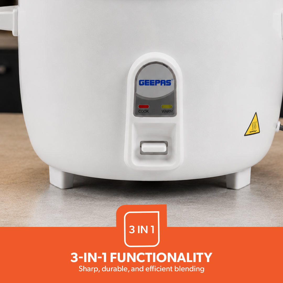 Geepas GRC4325 Multifunction Rice Cooker | 1L Capacity | 3-in-1 Cook | Steam & Keep Warm | Removable Non-Stick Inner Pot | Glass Lid | 400W | Cool-touch handles