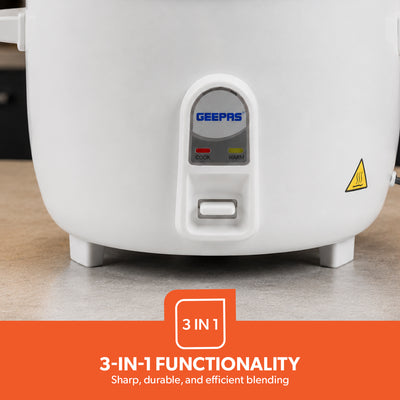 Geepas GRC4325 Multifunction Rice Cooker | 1L Capacity | 3-in-1 Cook | Steam & Keep Warm | Removable Non-Stick Inner Pot | Glass Lid | 400W | Cool-touch handles