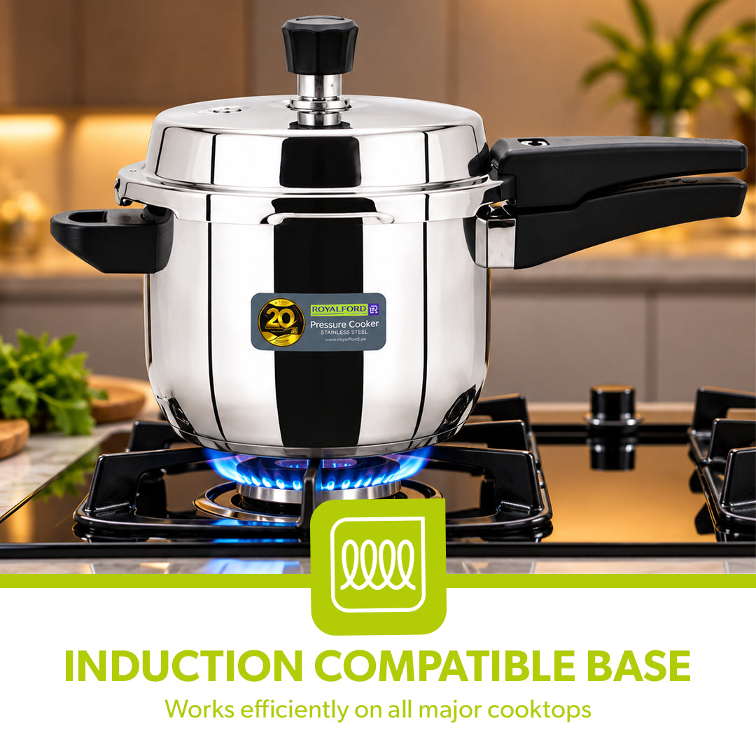 Royalford RF10185N 5L Stainless Steel Pressure Cooker |  Induction Compatible Base | Durable Heavy Body | Improved Safety Pressure Regulator &  5 Years Warranty