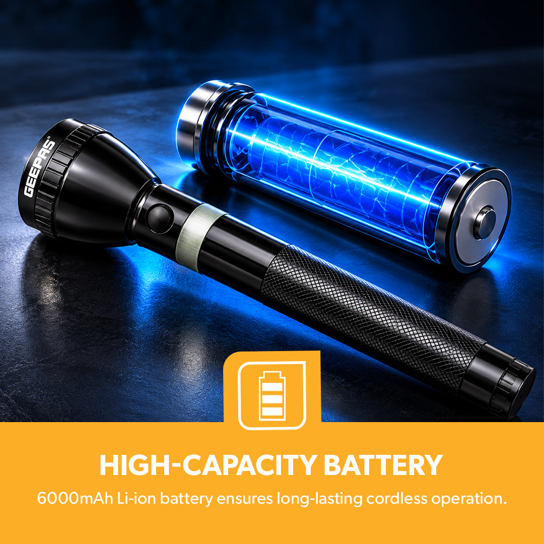 Geepas GFL3869 Rechargeable LED Flashlight | 10W High Power LED | 6000mAh Li-Ion Battery | Aircraft-grade aluminium body | Bright & focused illumination | Durable Design