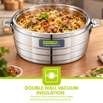 Royalford RF12857 2400ml Stainless Steel Insulated Hot Pot | Double Wall Vacuum Insulation| Firm Twist Lock Lid |Durable Handles | Dishwasher & Freezer Safe Casserole