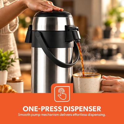 Geepas GVF5262 2.5L Stainless Steel Airpot Flask | Vacuum Insulated Hot & Cold Beverage Dispenser | One-press pump dispenser | Child safety lock  | Wide-mouth design