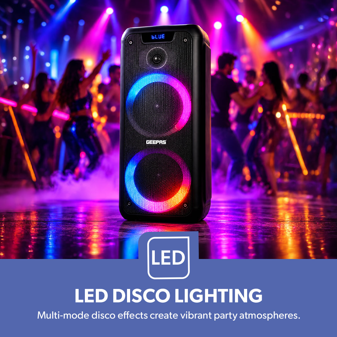 Geepas GMS11168 Rechargeable Professional Speaker | 40000W PMPO Bluetooth TWS | Bluetooth wireless music streaming | Multi-mode LED disco lighting effects | LED display