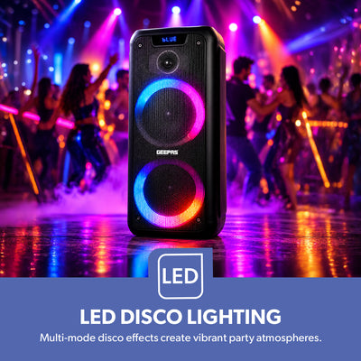 Geepas GMS11168 Rechargeable Professional Speaker | 40000W PMPO Bluetooth TWS | Bluetooth wireless music streaming | Multi-mode LED disco lighting effects | LED display