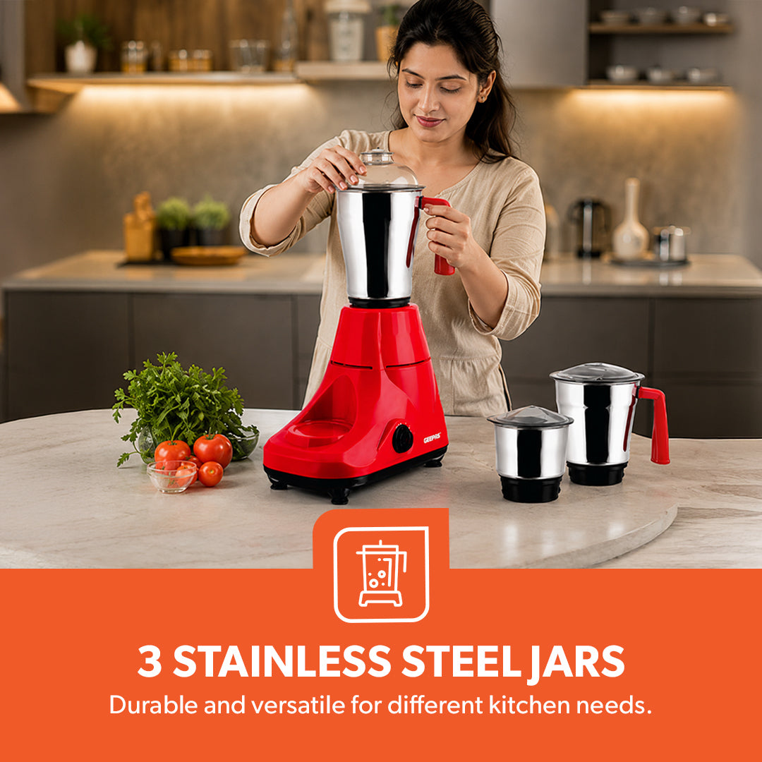 Geepas GSB5081 750W 3-in-1 Mixer Grinder | 3 Stainless Steel Jars | Powerful 750W Copper Motor  | 3-Speed Control with Pulse Function | Easy to Clean | 2-Year Warranty