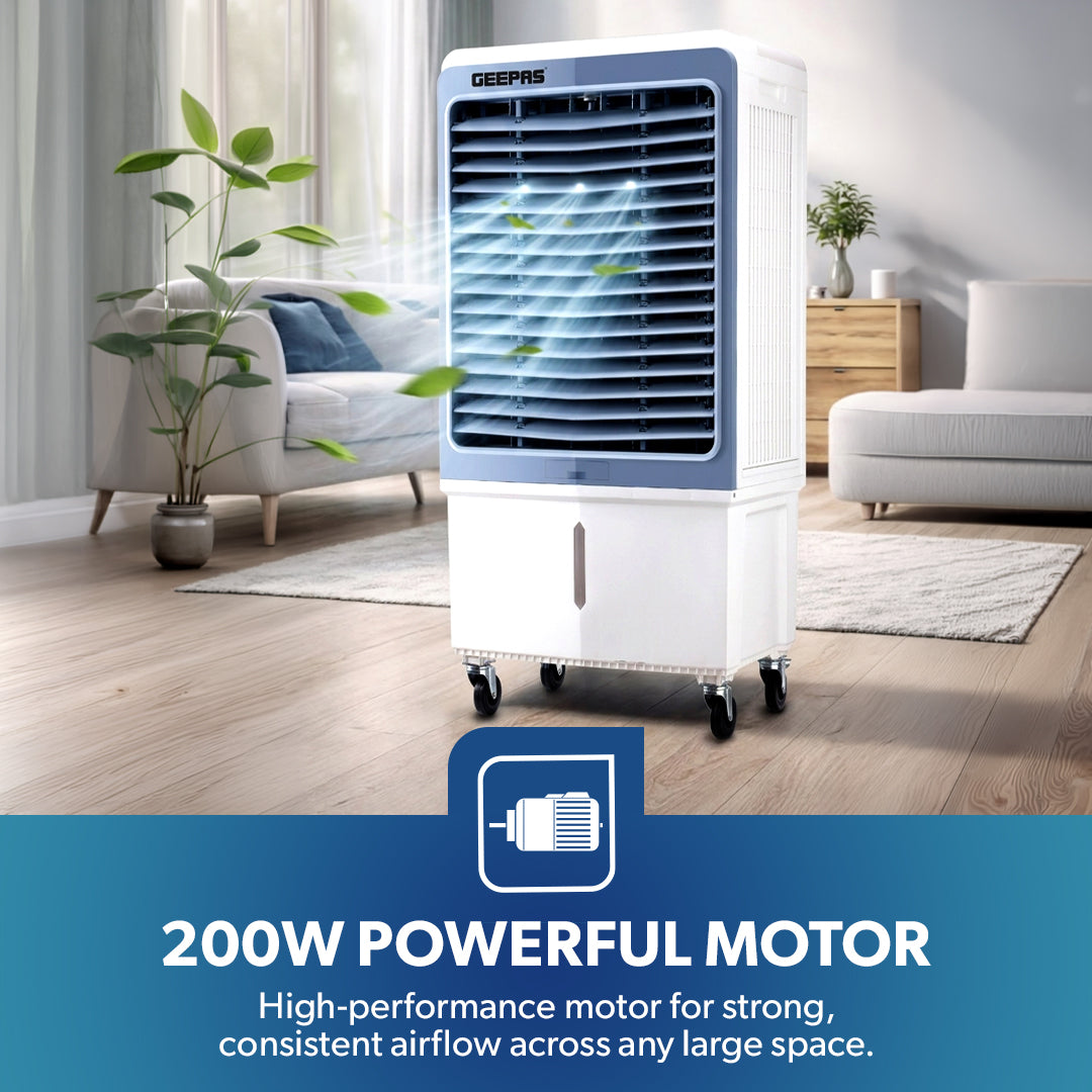 Geepas GAC16021 Digital Air Cooler | 60L Tank |200W Powerful Motor | Remote Control with Dual Modes | 3 Speed Settings with Timer | Portable Cooler with Ice Box & Wheels