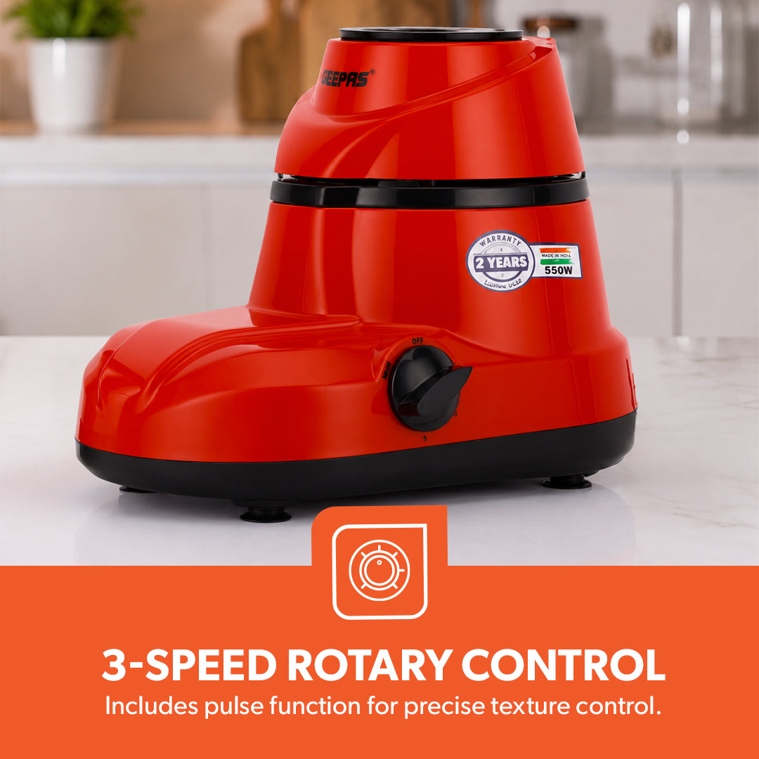 Geepas GSB5456 2-in-1 Mixer Grinder | 550W Motor | Stainless Steel Jars | 3 Speed Control | Harmonic grinding technology |Modern, compact design  robust ergonomic handles