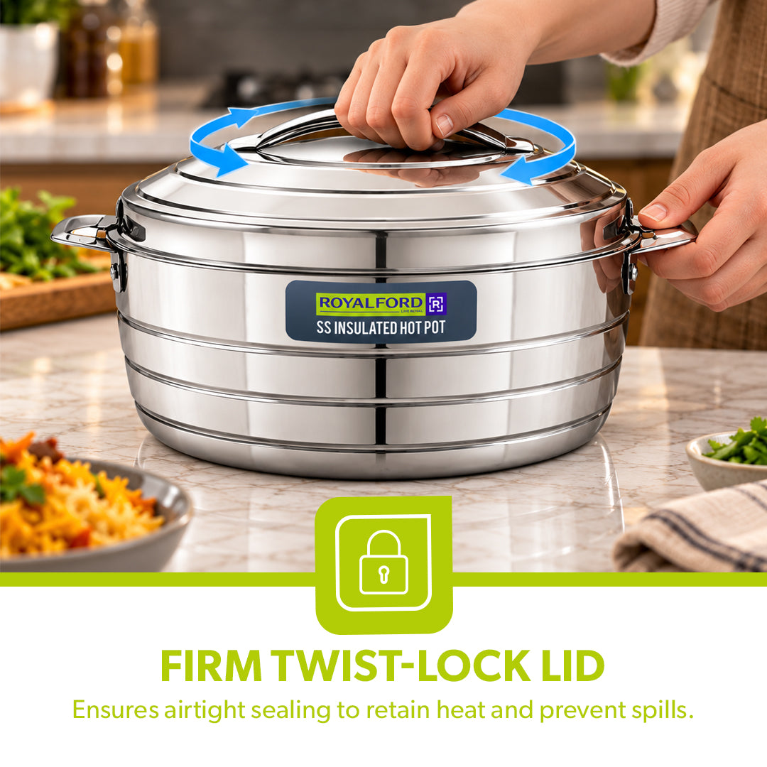 Royalford RF12856 Insulated Hot Pot 1600ml | Double Wall Stainless Steel Casserole | Twist Lock Lid| PU Insulation| Durable Outer Body| Food Warmer for Home & Travel Use