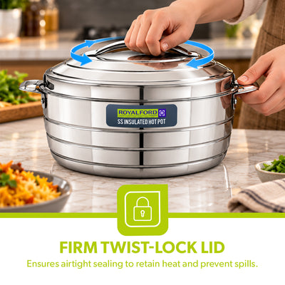 Royalford RF12856 Insulated Hot Pot 1600ml | Double Wall Stainless Steel Casserole | Twist Lock Lid| PU Insulation| Durable Outer Body| Food Warmer for Home & Travel Use