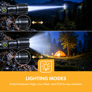 Geepas GFL4669 25W Zoomable LED Flashlight |5PCS Combo | Rechargeable Type-C Torch | Aircraft-Grade Aluminium Body |6000mAh Rechargeable Lithium Battery |Portable Design