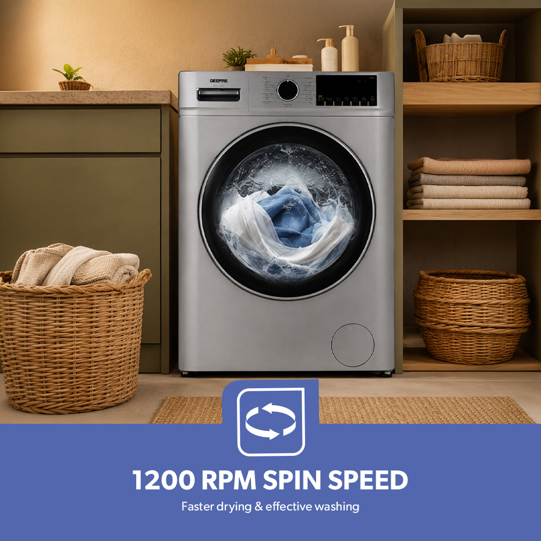 Geepas GWMF7125SRG 7kg Inverter Front Load Washing Machine |  1200 RPM |  16 Wash Programs |  Steam & Quick Wash | LED Display | Stainless Steel Drum & Low Noise System