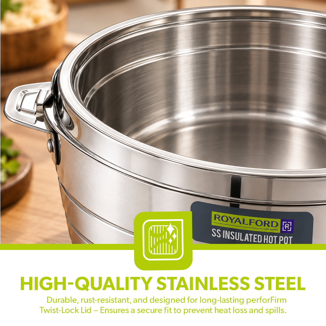 Royalford RF12857 2400ml Stainless Steel Insulated Hot Pot | Double Wall Vacuum Insulation| Firm Twist Lock Lid |Durable Handles | Dishwasher & Freezer Safe Casserole