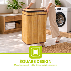 Royalford RF8851 Foldable Bamboo Laundry Hamper Square with Lid  | Eco-Friendly Laundry Storage Basket  | Perfect for Bathroom & Bedroom with Space Saving Design