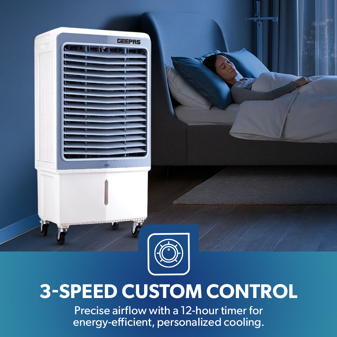 Geepas GAC16021 Digital Air Cooler | 60L Tank |200W Powerful Motor | Remote Control with Dual Modes | 3 Speed Settings with Timer | Portable Cooler with Ice Box & Wheels