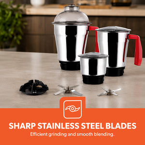 Geepas GSB5081 750W 3-in-1 Mixer Grinder | 3 Stainless Steel Jars | Powerful 750W Copper Motor  | 3-Speed Control with Pulse Function | Easy to Clean | 2-Year Warranty