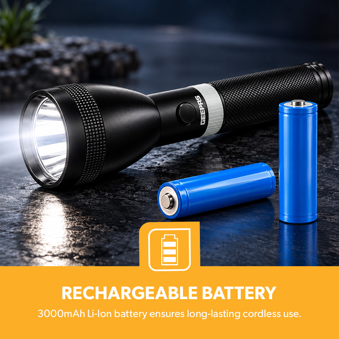 Geepas GFL4641 Rechargeable LED Flashlight 7W | 3000mAh Li-Ion Battery | Aircraft-Grade Aluminium Torch | Compact and ergonomic design |One-touch push button operation