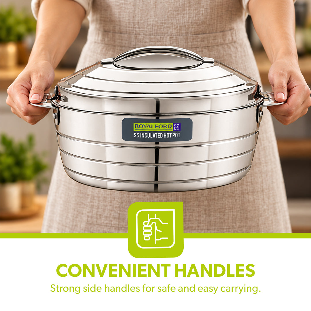 Royalford RF12857 2400ml Stainless Steel Insulated Hot Pot | Double Wall Vacuum Insulation| Firm Twist Lock Lid |Durable Handles | Dishwasher & Freezer Safe Casserole