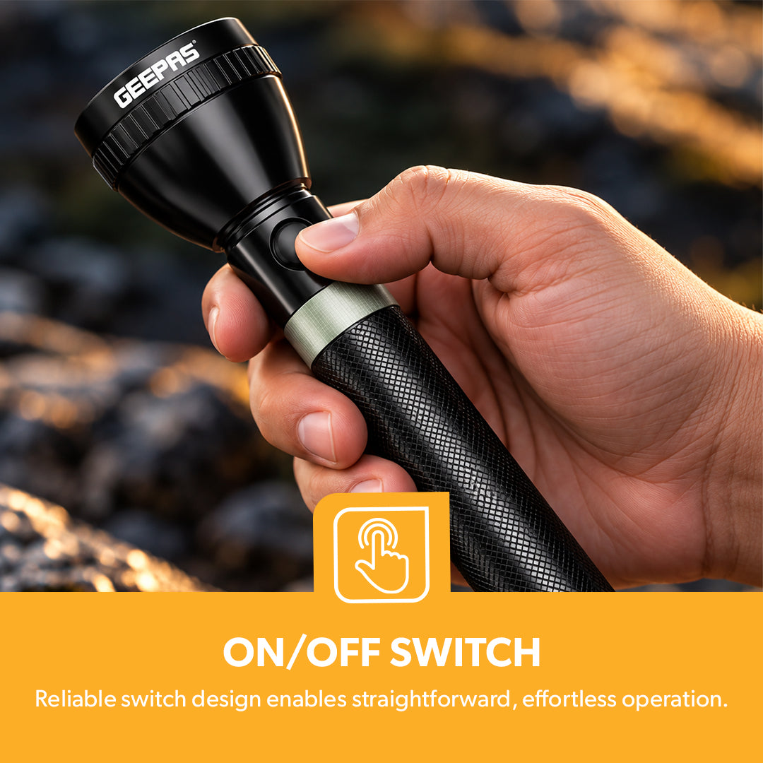 Geepas GFL3869 Rechargeable LED Flashlight | 10W High Power LED | 6000mAh Li-Ion Battery | Aircraft-grade aluminium body | Bright & focused illumination | Durable Design