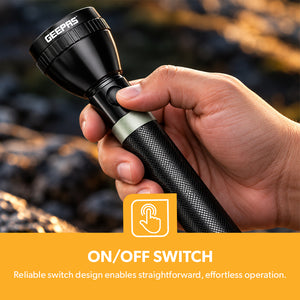 Geepas GFL3869 Rechargeable LED Flashlight | 10W High Power LED | 6000mAh Li-Ion Battery | Aircraft-grade aluminium body | Bright & focused illumination | Durable Design