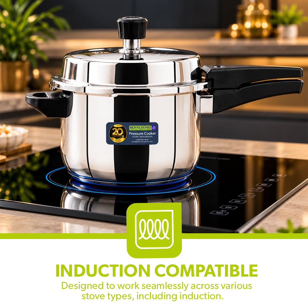 Royalford RF10184N 3L stainless steel pressure cooker with induction compatibility| durable mirror finish body with improved pressure regulator, strong handles