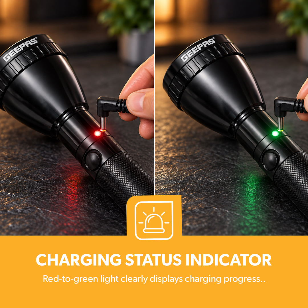 Geepas GFL3894 Rechargeable Waterproof LED Flashlight | 7W LED | 5000mAh Li-Ion Battery | Aircraft-grade aluminium body | Up to 4 hours s working | One-touch push button