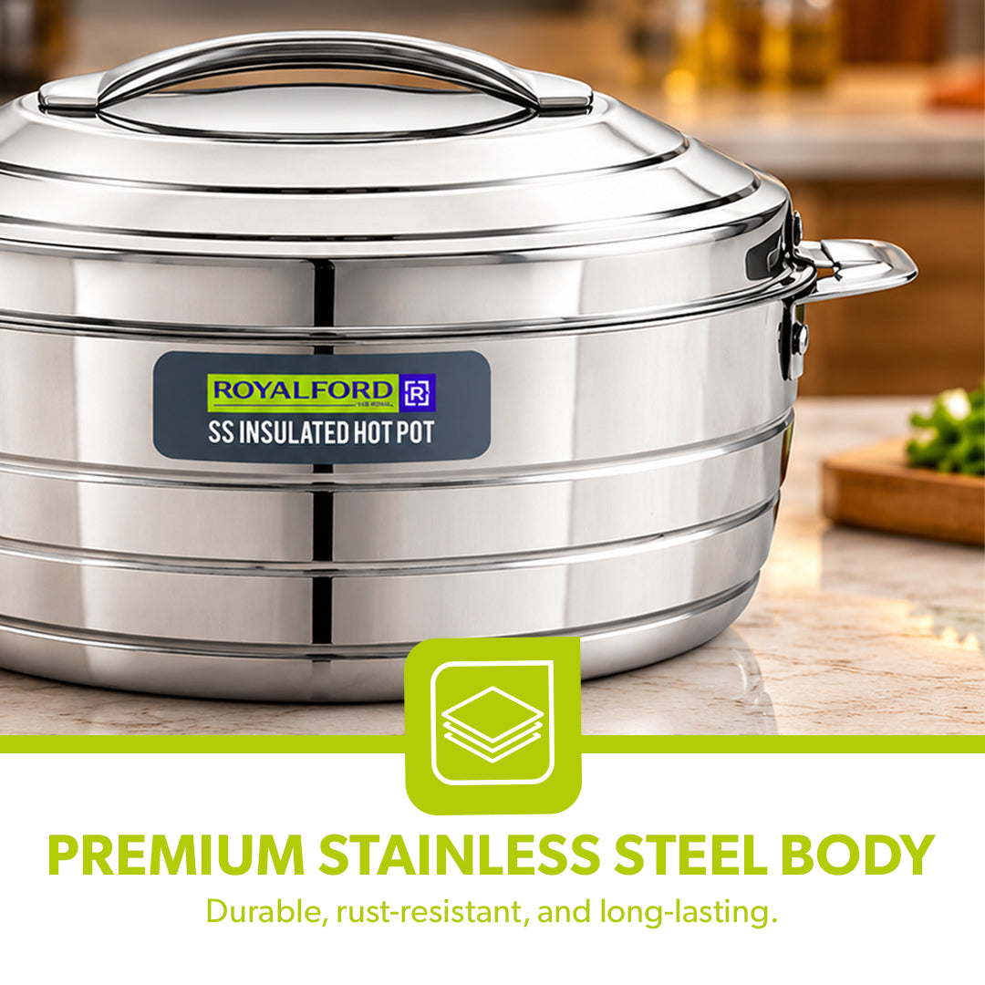 Royalford RF12856 Insulated Hot Pot 1600ml | Double Wall Stainless Steel Casserole | Twist Lock Lid| PU Insulation| Durable Outer Body| Food Warmer for Home & Travel Use