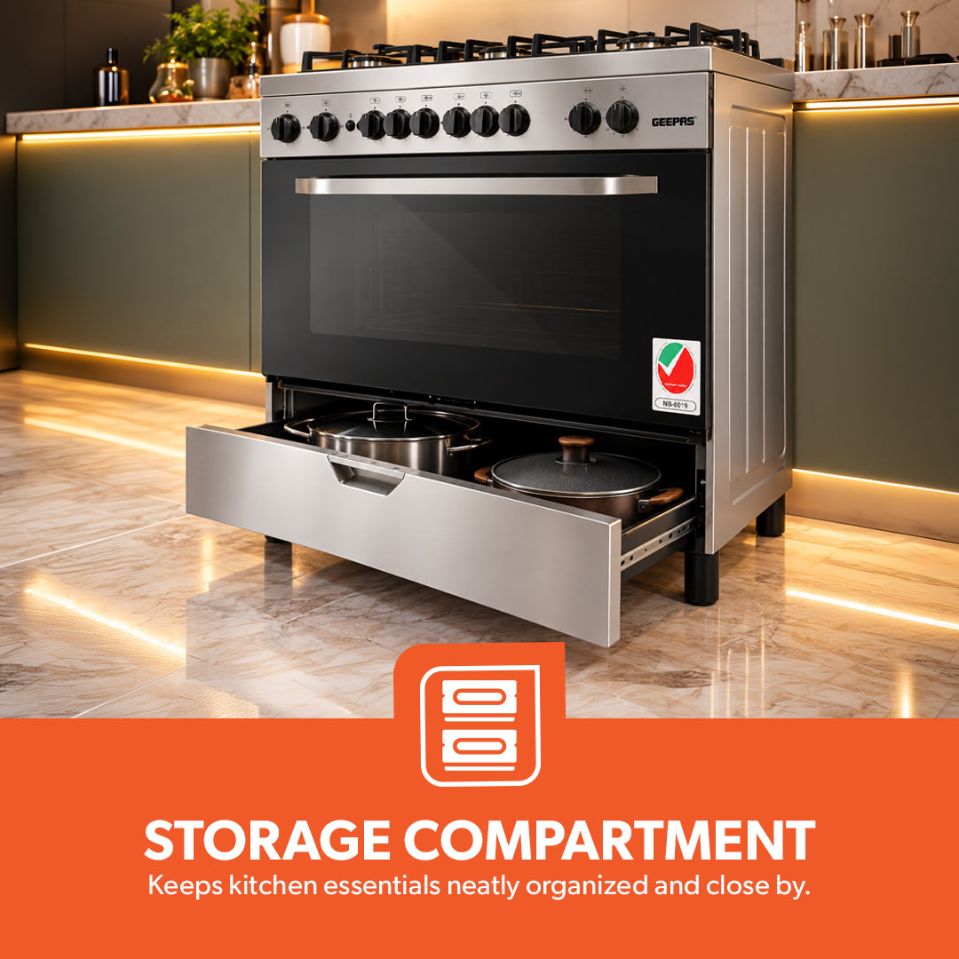 Geepas 90x60 Freestanding Full Gas Cooking Range- GCR9060FSE/ 5 Burners /Self Ignition/ Closed Door Grilling System/ Timer/  Multiple Power Levels / 1 Year Warranty