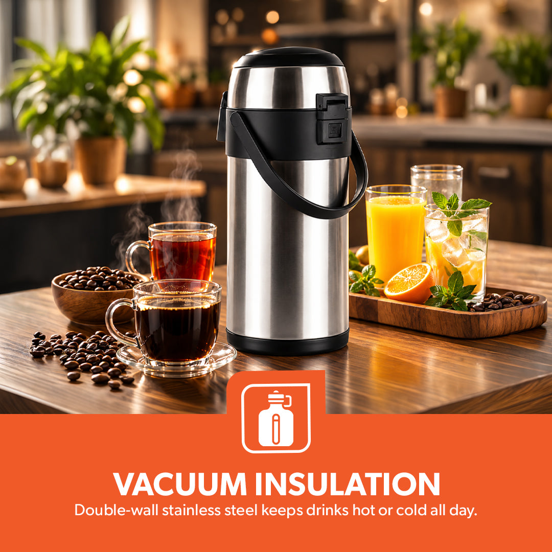 Geepas GVF5262 2.5L Stainless Steel Airpot Flask | Vacuum Insulated Hot & Cold Beverage Dispenser | One-press pump dispenser | Child safety lock  | Wide-mouth design