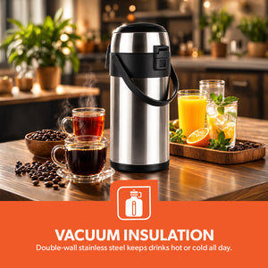 Geepas GVF5262 2.5L Stainless Steel Airpot Flask | Vacuum Insulated Hot & Cold Beverage Dispenser | One-press pump dispenser | Child safety lock  | Wide-mouth design