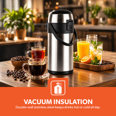Geepas GVF5262 2.5L Stainless Steel Airpot Flask | Vacuum Insulated Hot & Cold Beverage Dispenser | One-press pump dispenser | Child safety lock  | Wide-mouth design