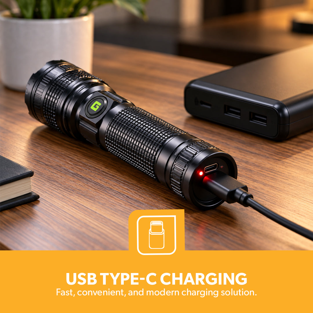 Geepas GFL4639 20W Zoomable LED Flashlight 4PCS Combo | Rechargeable Torch |Up to 2000-Meter Beam Distance | 6000mAh Rechargeable Li-ion Battery | USB Type-C Charging