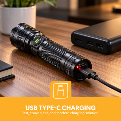Geepas GFL4639 20W Zoomable LED Flashlight 4PCS Combo | Rechargeable Torch |Up to 2000-Meter Beam Distance | 6000mAh Rechargeable Li-ion Battery | USB Type-C Charging
